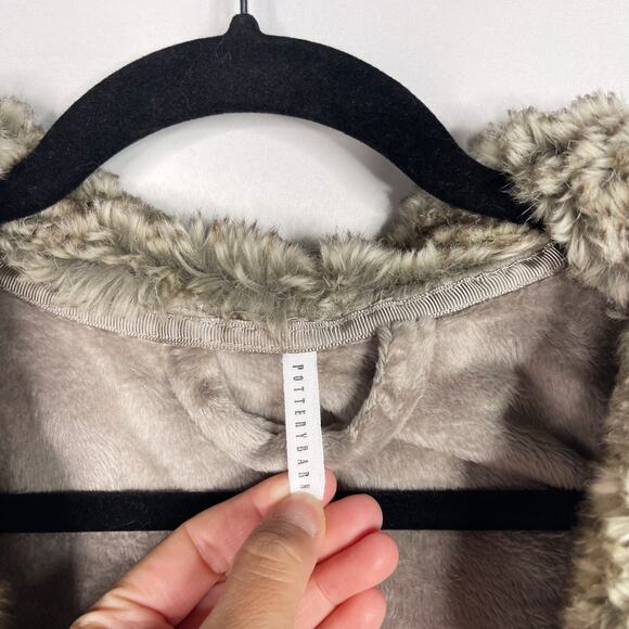 Pottery Barn Gray Caramel Small Faux Fur Robe Plush Tie Waist Hooded Cozy Lounge - Picture 8 of 10
